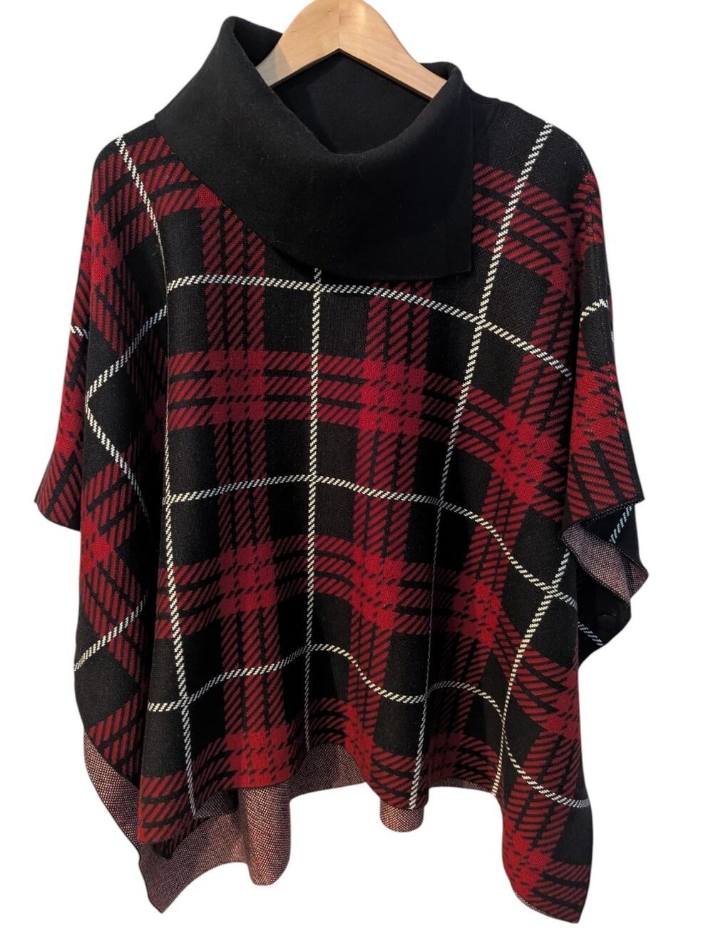 Anne Klein Red & Black Plaid Poncho Sweater Asymmetric Neck Medium